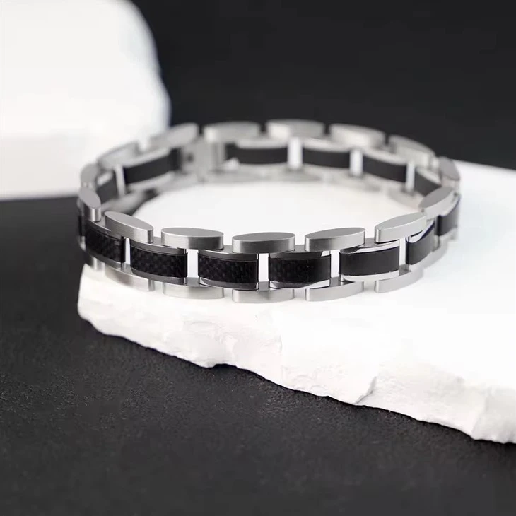 Custom Black Carbon Fiber Stainless Steel Fashion Jewelry Bracelets Mens