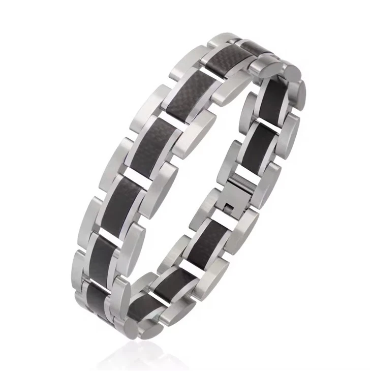 Custom Black Carbon Fiber Stainless Steel Fashion Jewelry Bracelets Mens